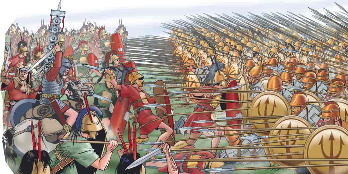 Romerske soldater (venstre) møter gresk falanks (høyre)