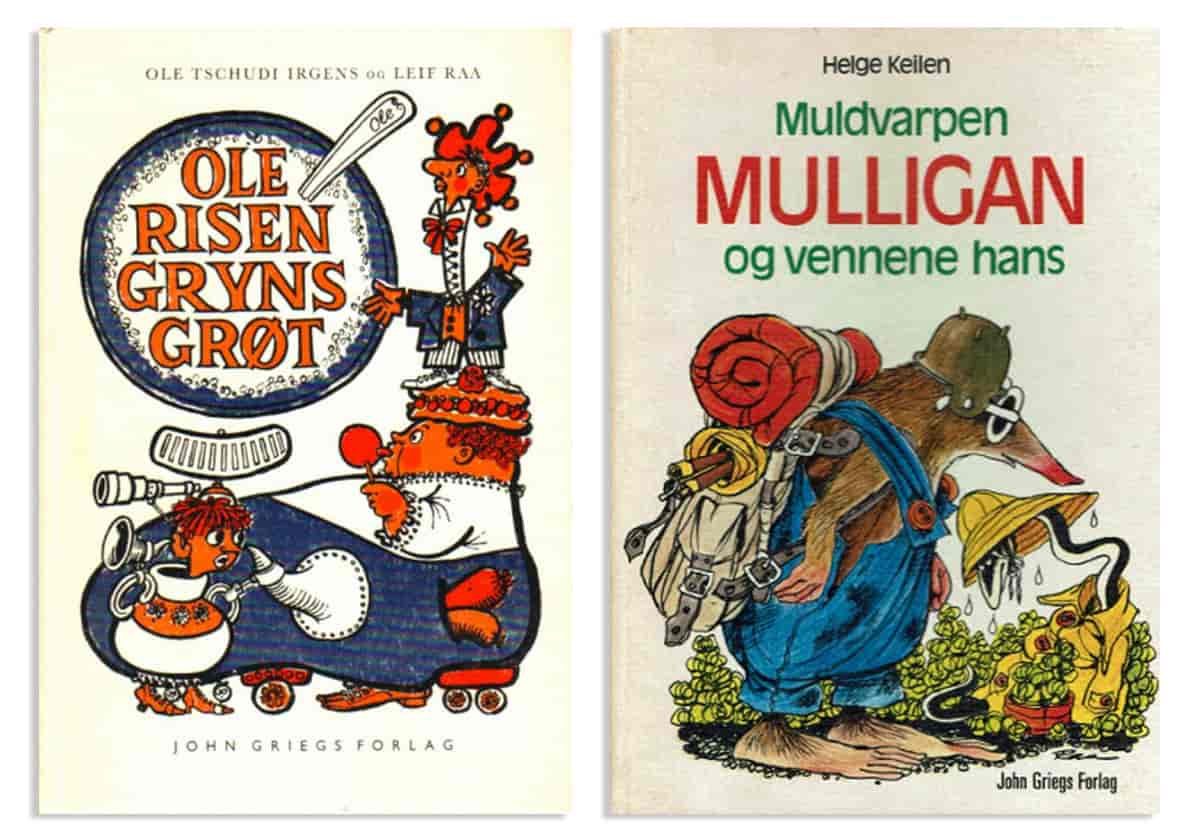 To bokomslag med illustrasjoner av Leif Raa