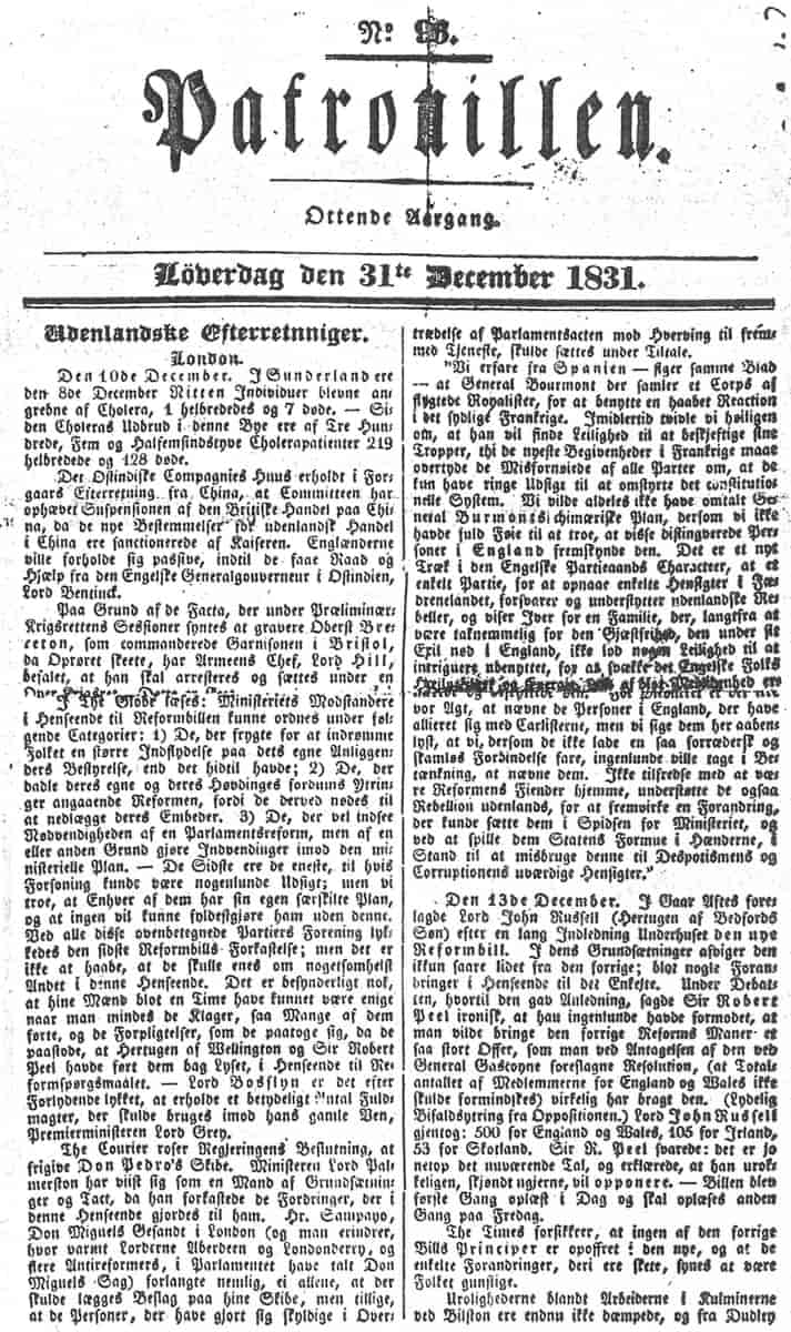 Faksimile av siste nummer av avisa 31. desember 1831.