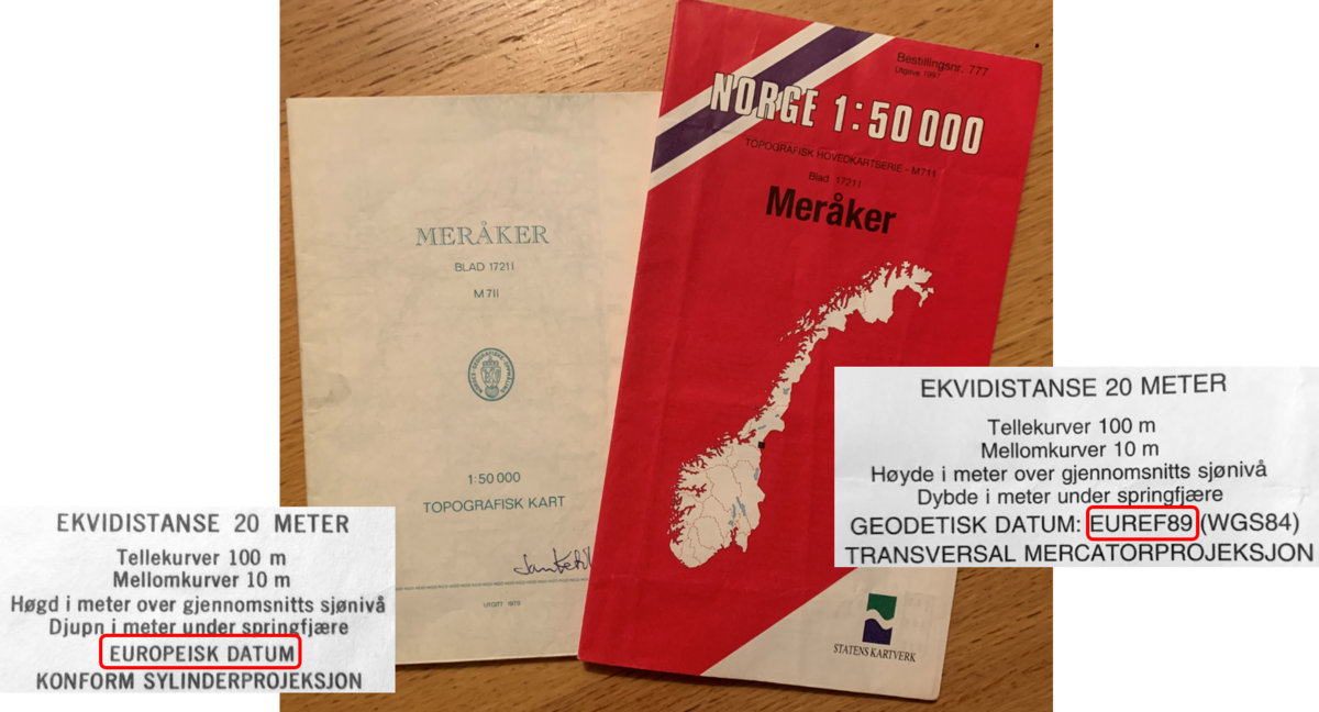 Norge 1:50 000 basert på ED50 (til venstre) og på EUREF89 (til høyre)