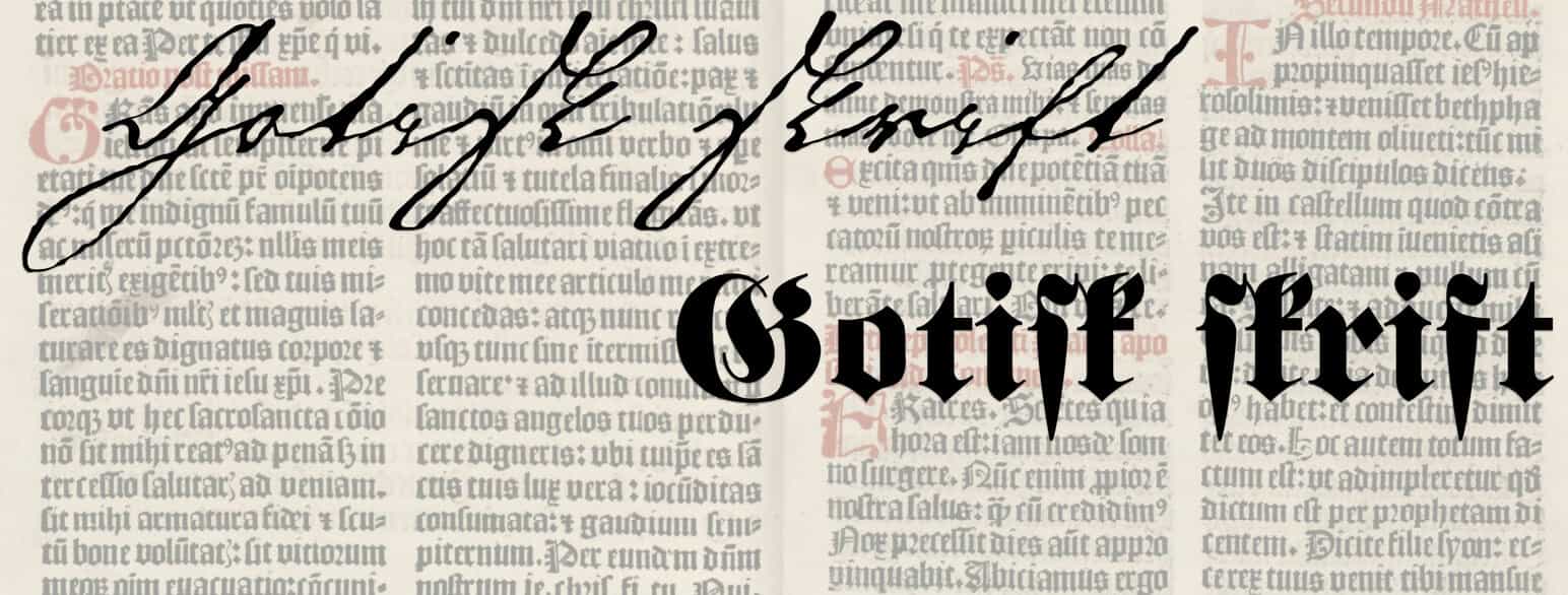 Gotisk håndskrift og trykkskrift, med en tekstside fra Missale Nidrosiense i bakgrunnen