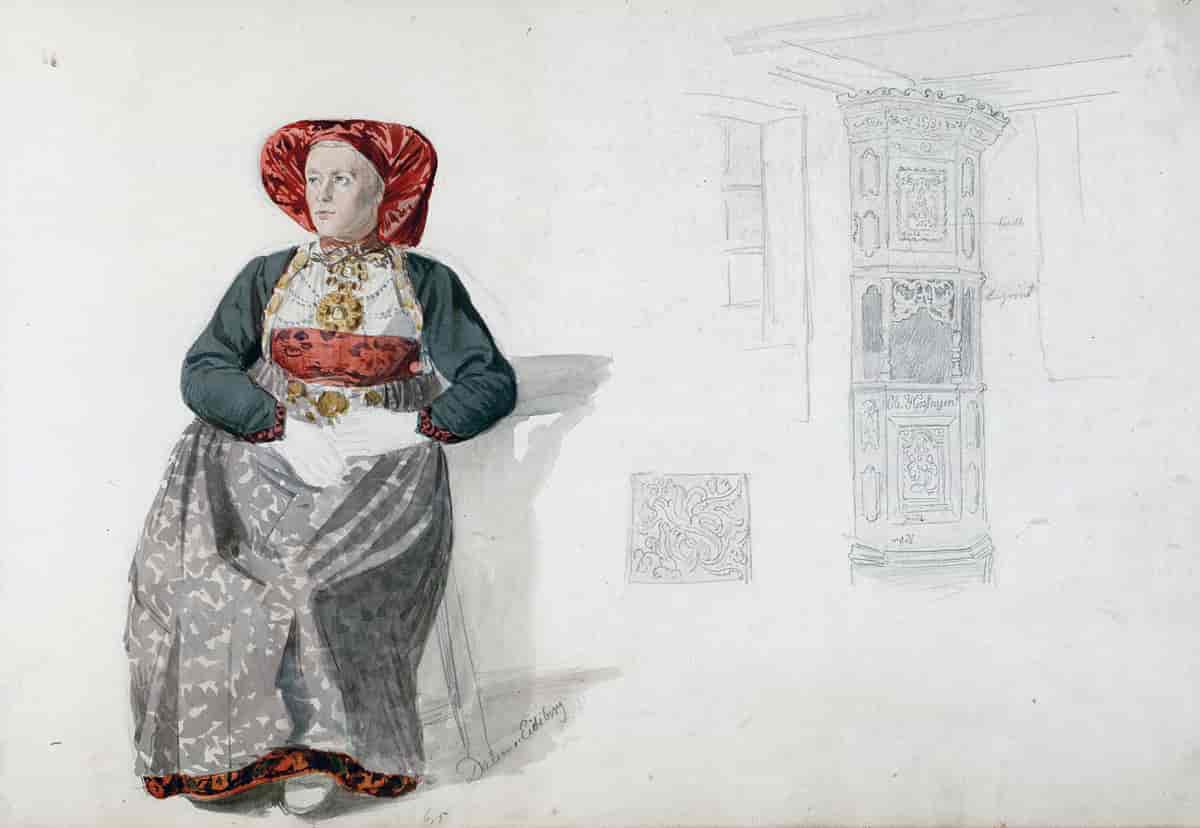 Sittende kvinne, Dalen i Eidsborg. Akvarell