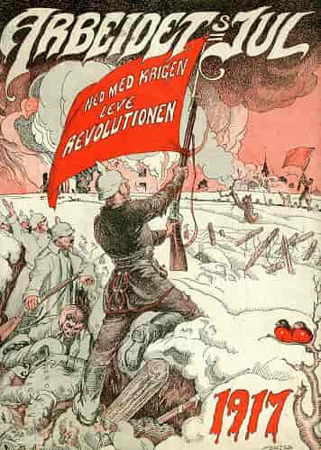 Forside av arbeiderpartiets julehefte „Arbeidets jul“ for 1917. Heftet var redigert av Jacob Vidnes.