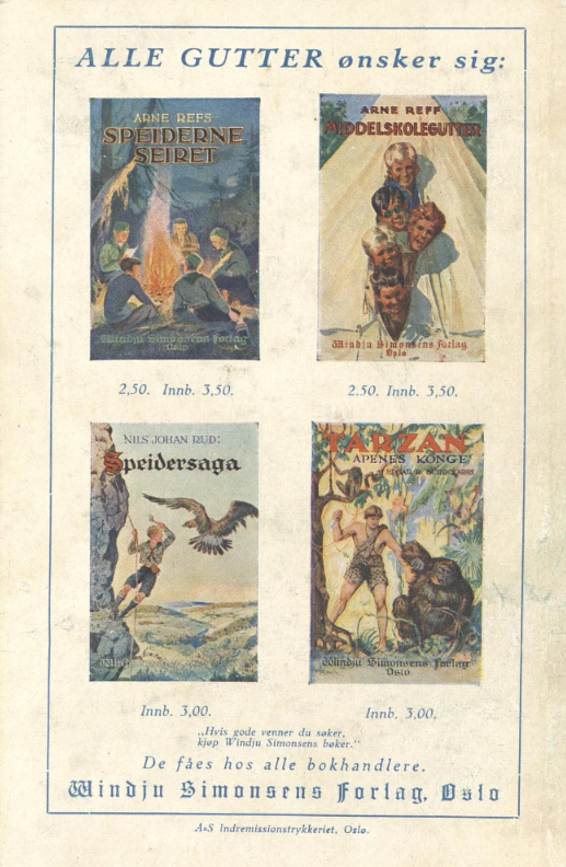 Forlagsreklame på baksiden av bok, 1930