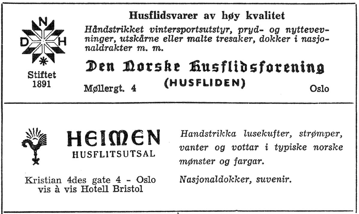 Annonsar for Den Norske Husflidsforening og Heimen Husflitsutsal