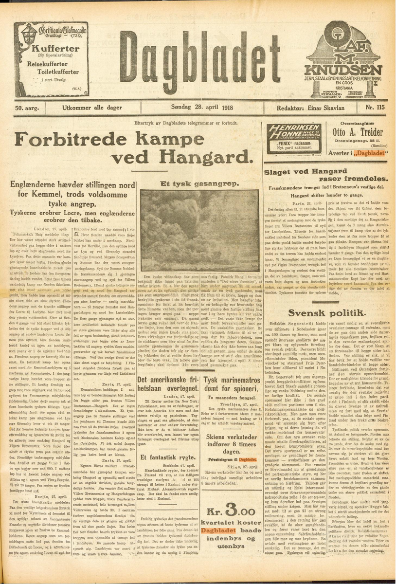 Forsiden til Dagbladet 28.04. 1918