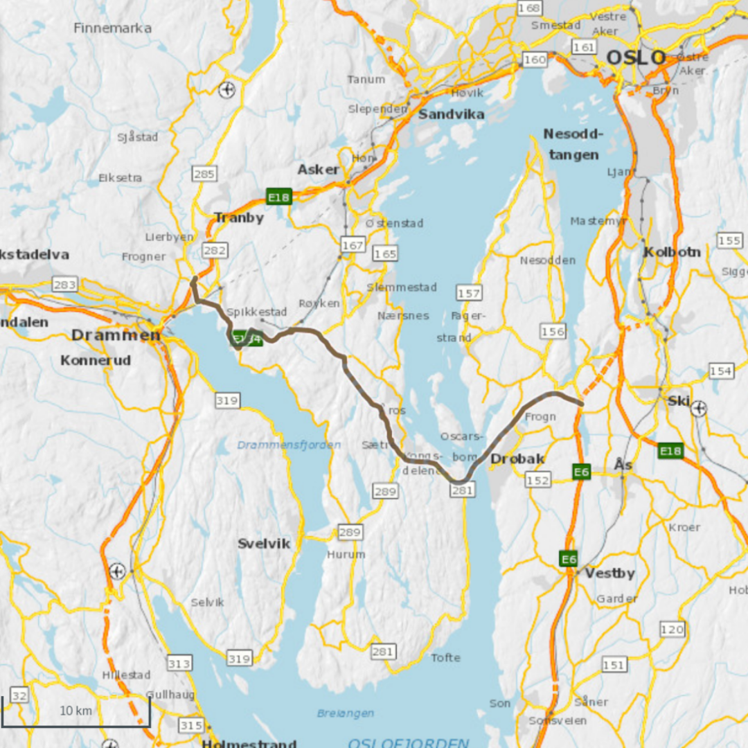 Kart over E134 Oslofjordforbindelsen