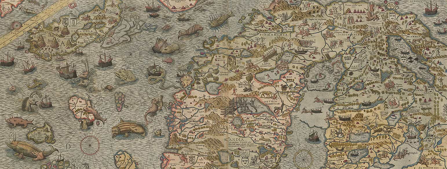 Sjøkartet Carta Marina (1572) med Bjarmeland (Biarmia) innteikna øvst til høgre
