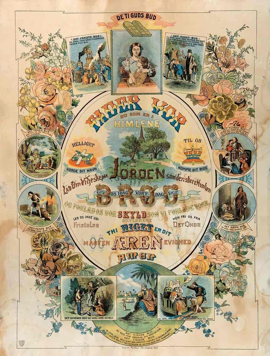 Eldre norsk plakat med de ti bud fra ca 1912
