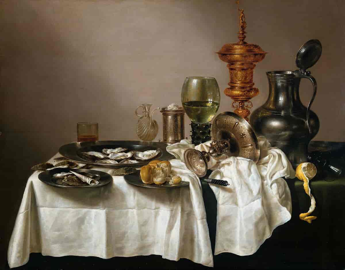 Stilleben med østers, glass, sitron og sølvbolle, 1634
