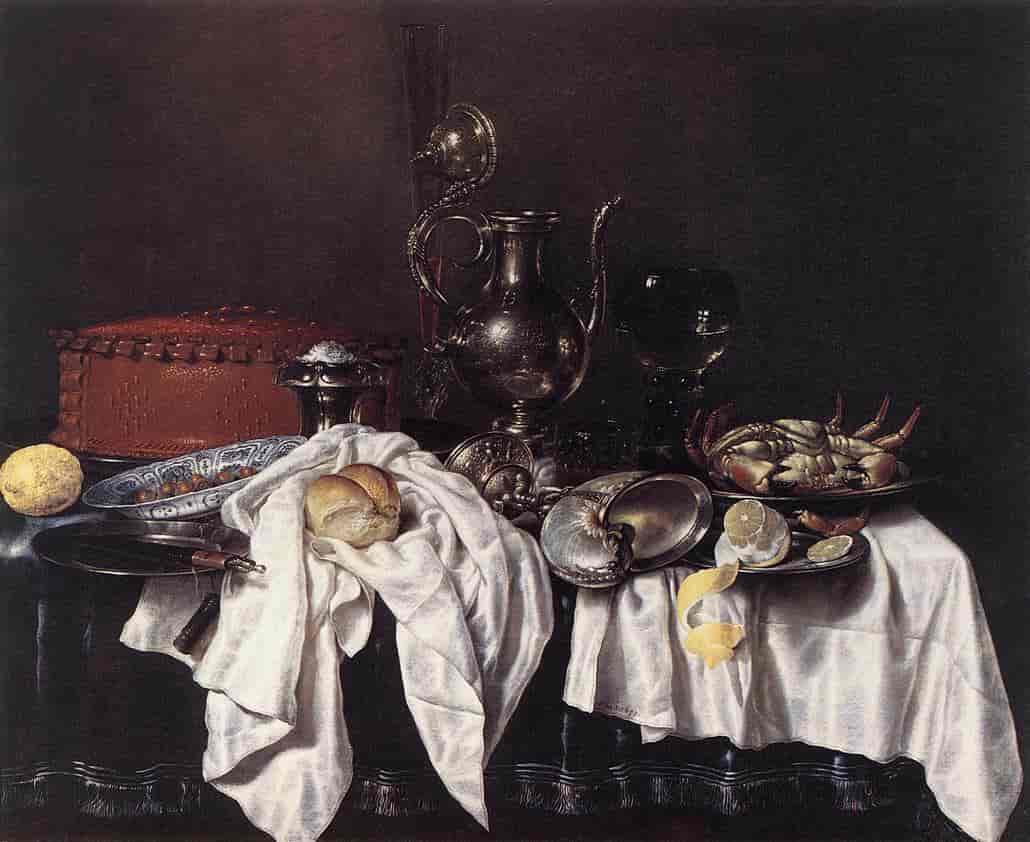 Stilleben med pai, sølvkanne og krabbe, 1658