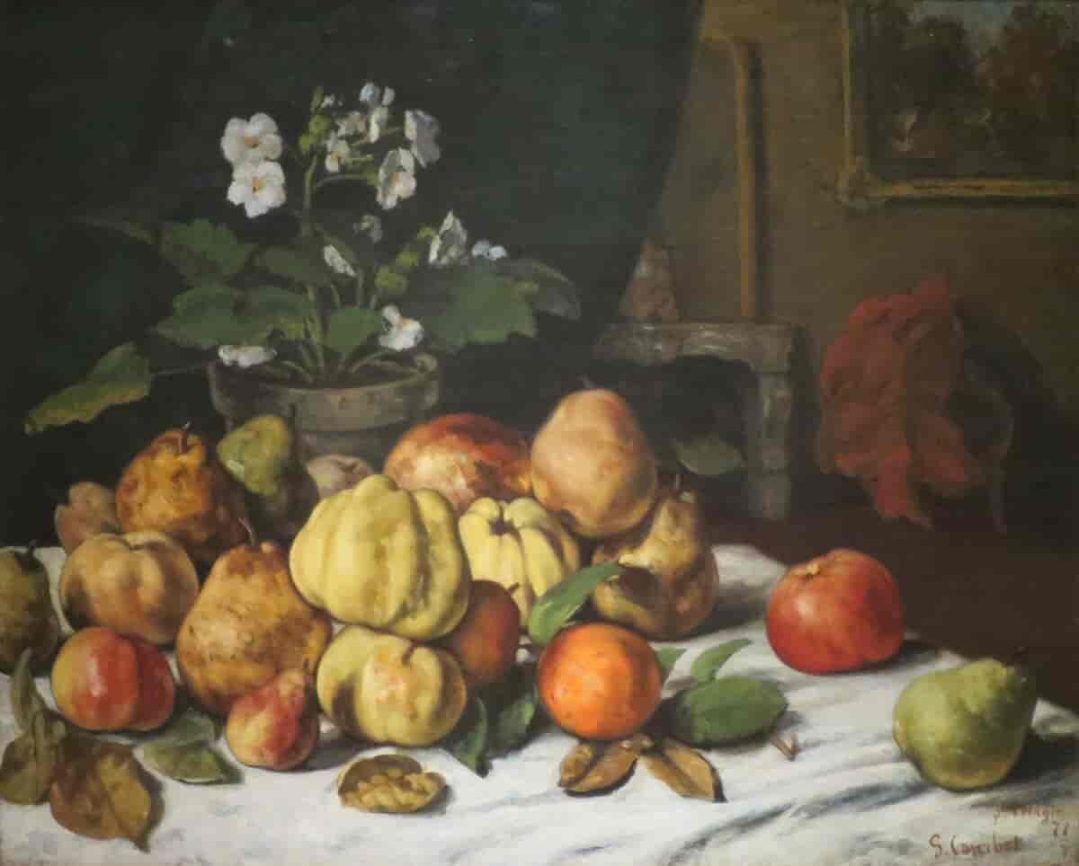 Epler, pære og primula på et bord, 1871–1872