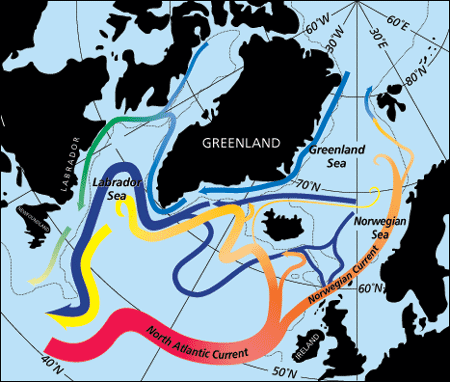 Havstrømmer i Nord-Atlanteren. Den norske atlanterhavsstrømmen sees i oransje utenfor vestkysten av Norge.