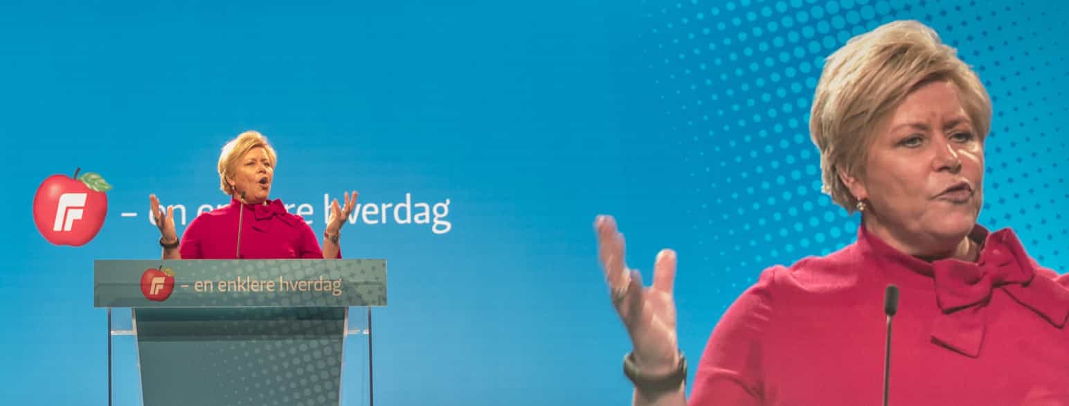 Siv Jensen taler på Fremskrittspartiets landsmøte i 2018.