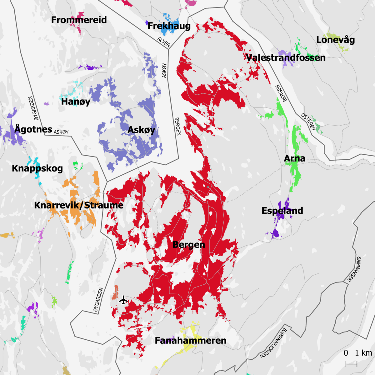 Kart over Bergen tettsted