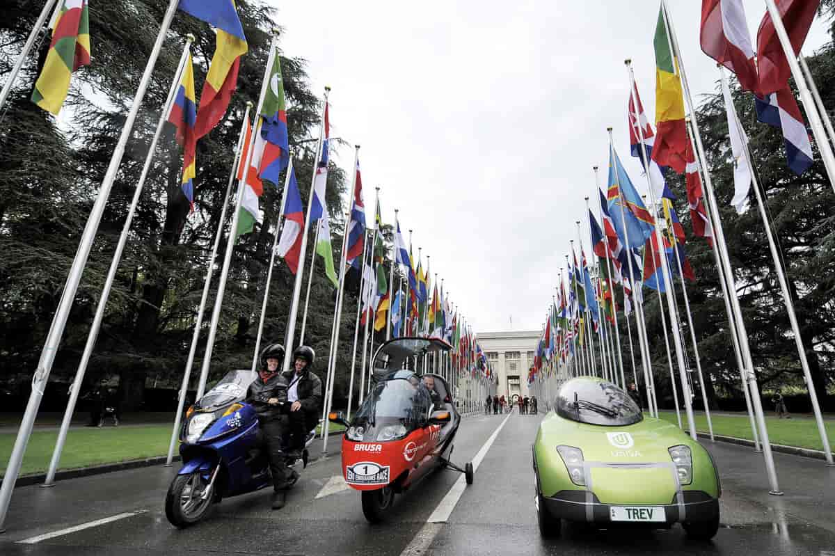 Zero Emissions Race utenfor FNs kontor i Genève, Sveits.
