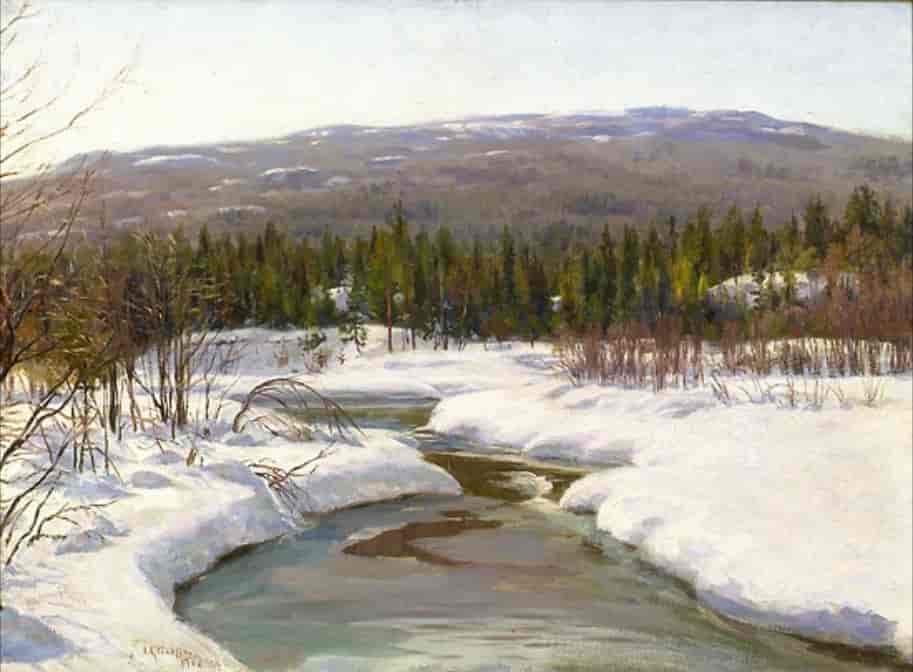 Elv i Vinterlandskap, 1908