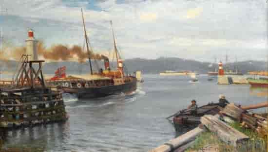 Fjordabåt stevner ut Trondheim havn, 1893