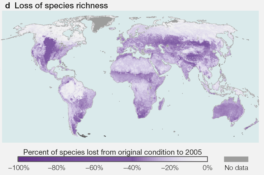 Nedgang i artsmangfold på landjorda pr 2005