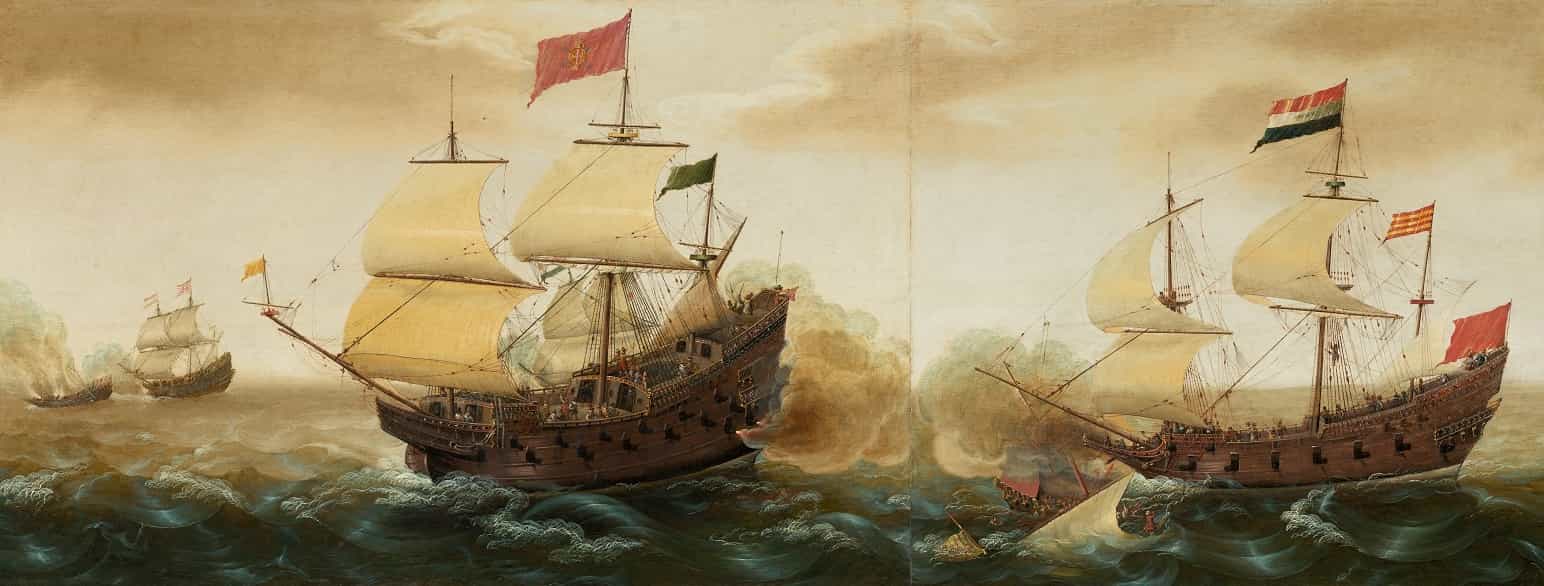 En spansk gallion (til venstre) i kamp mot et nederlandsk krigsskip, maleri fra rundt 1620