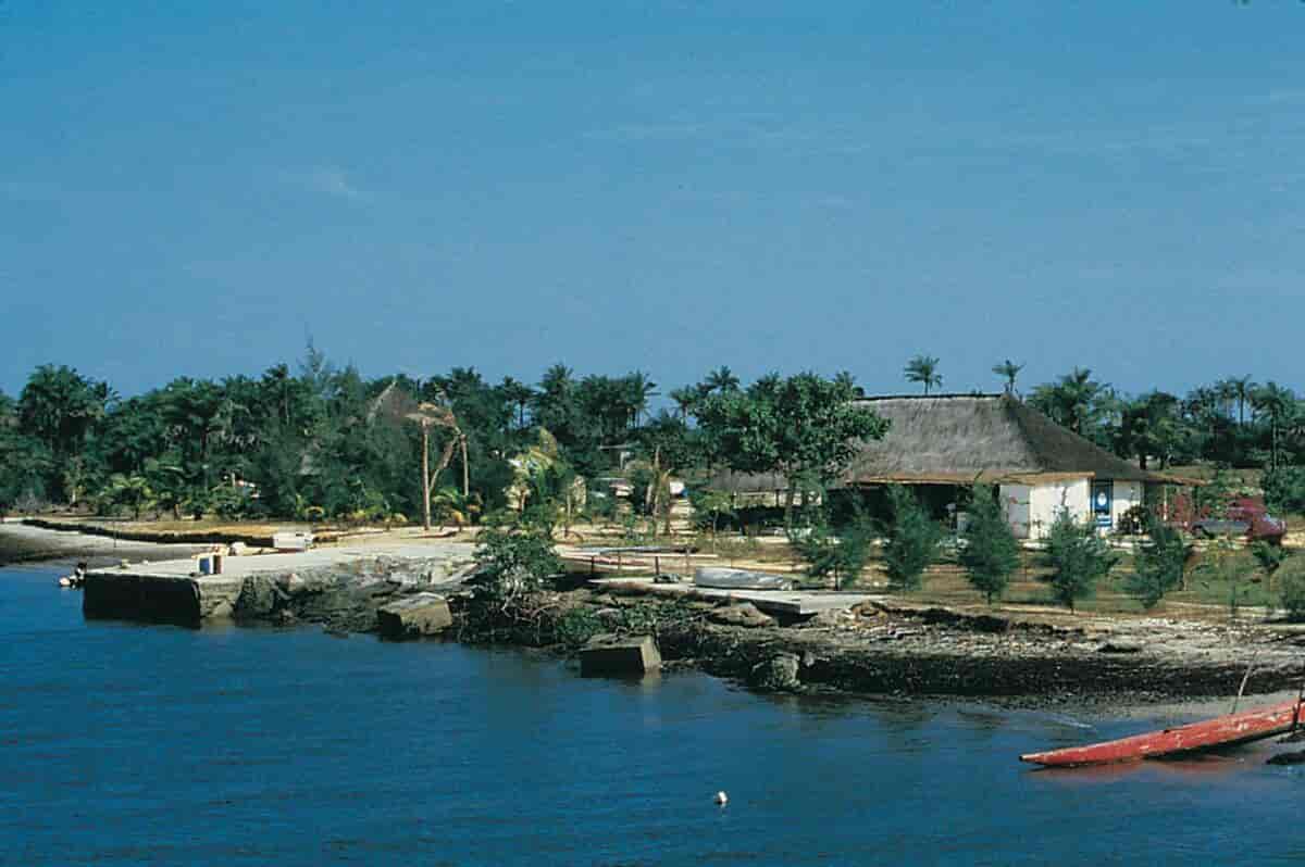 sjø i forgrunnen med en kai og små hus og palmer i bakgrunnen. foto