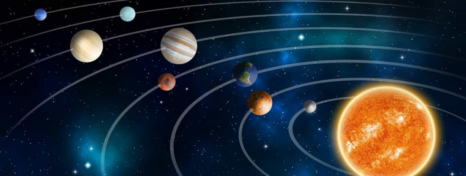 Planetene i vårt solsystem, ikke i riktig målestokk