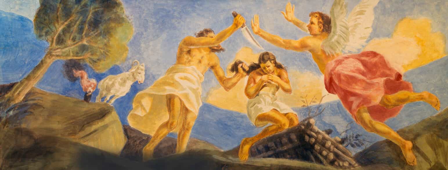 For å teste Abrahams lydighet ber Gud ham om å ofre Isak, men blir stoppet av en engel. Freske i Basilica di Santa Maria Ausiliatrice