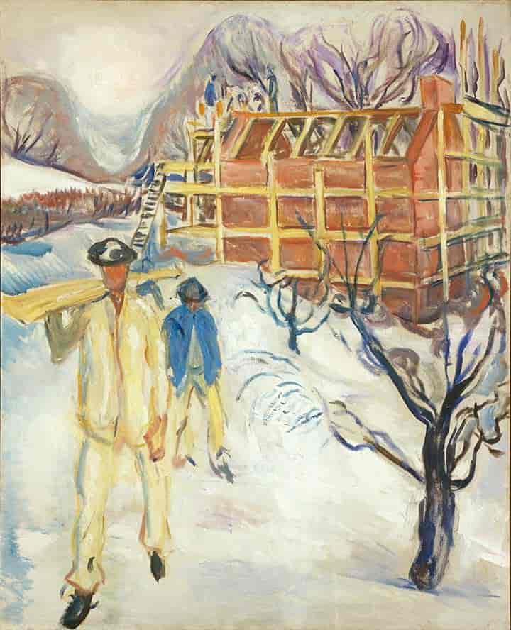 Edvard Munch: Bygningsarbeidere i snø. 1920.