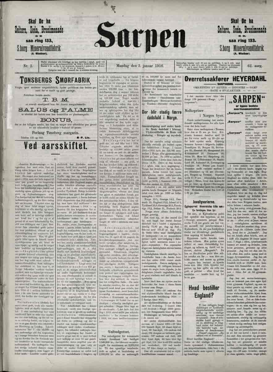 Sarpen, mandag 3. januar 1916
