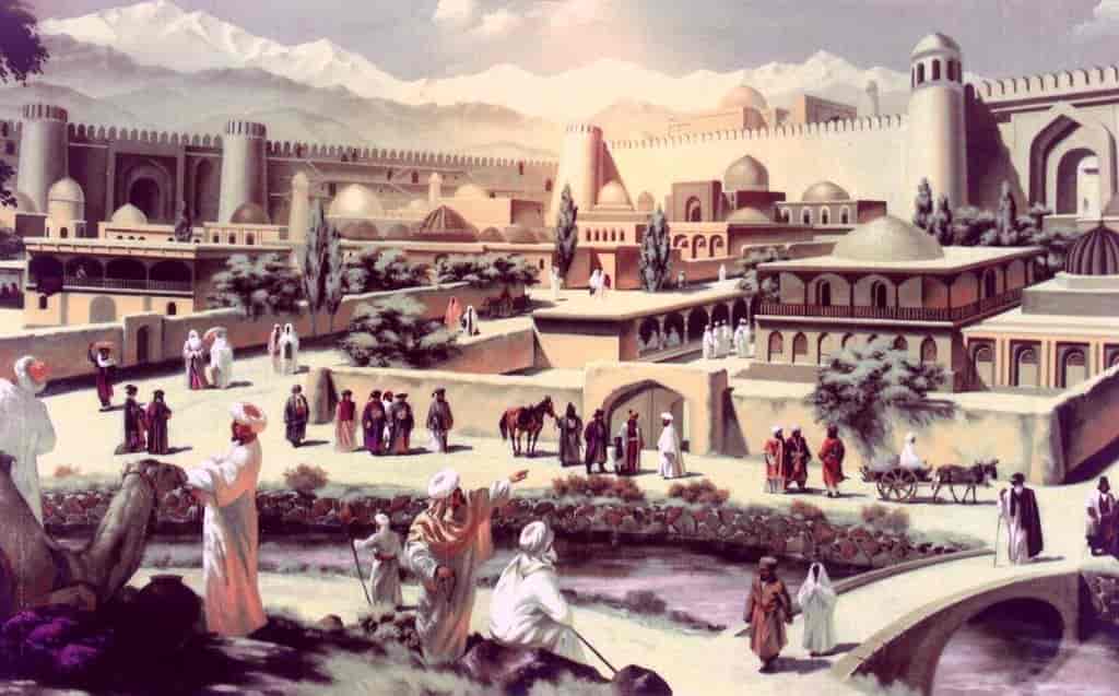 Malerisk fremstilling av middelalderbyen Taraz