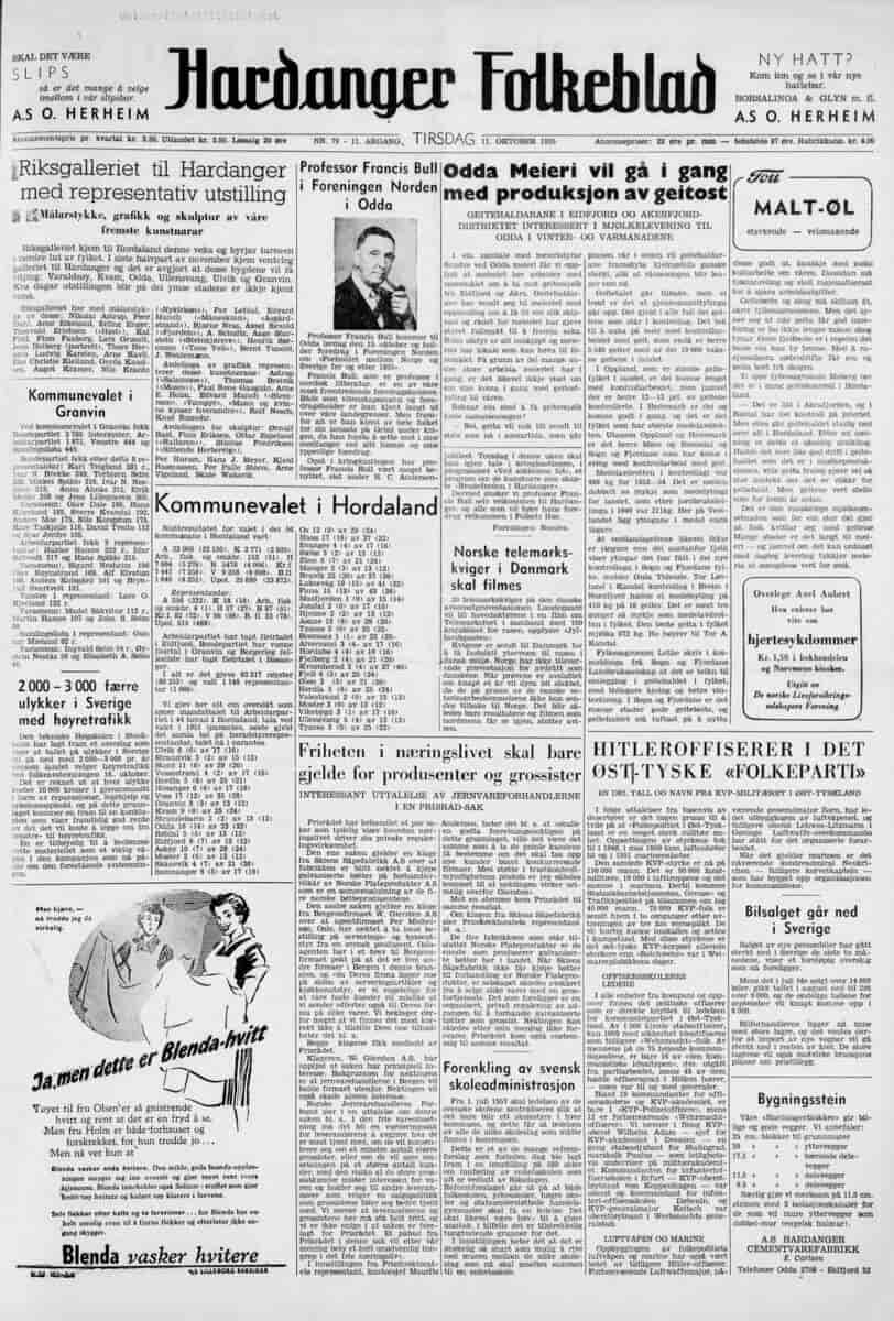 Framsida av Hardanger Folkeblad 11. oktober 1955.