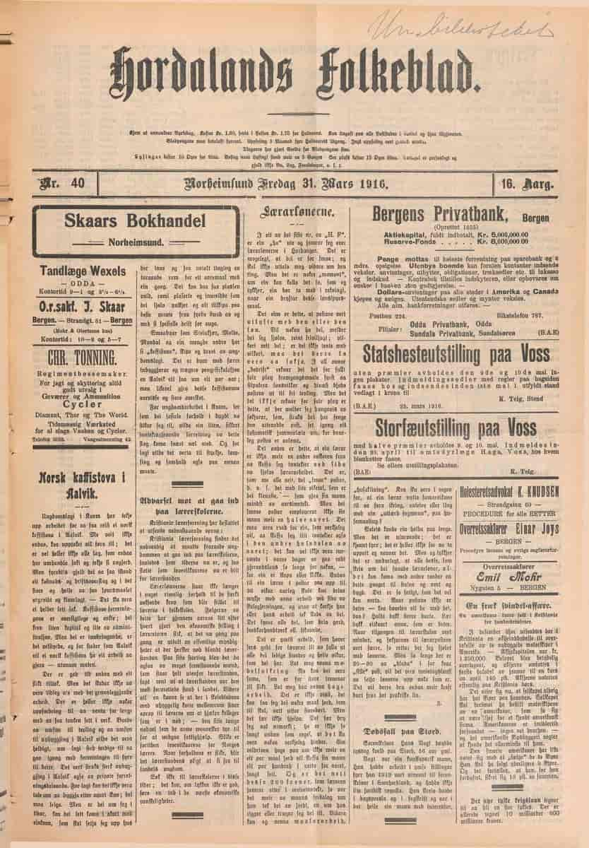 Framsida av Hordalands Folkeblad 31. mars 1916.