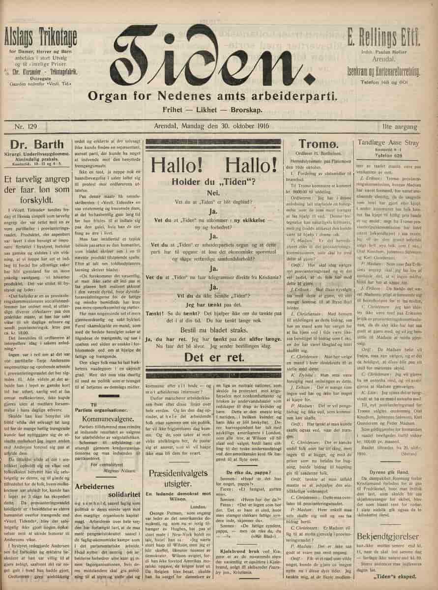 Tiden, mandag 30. oktober 1916