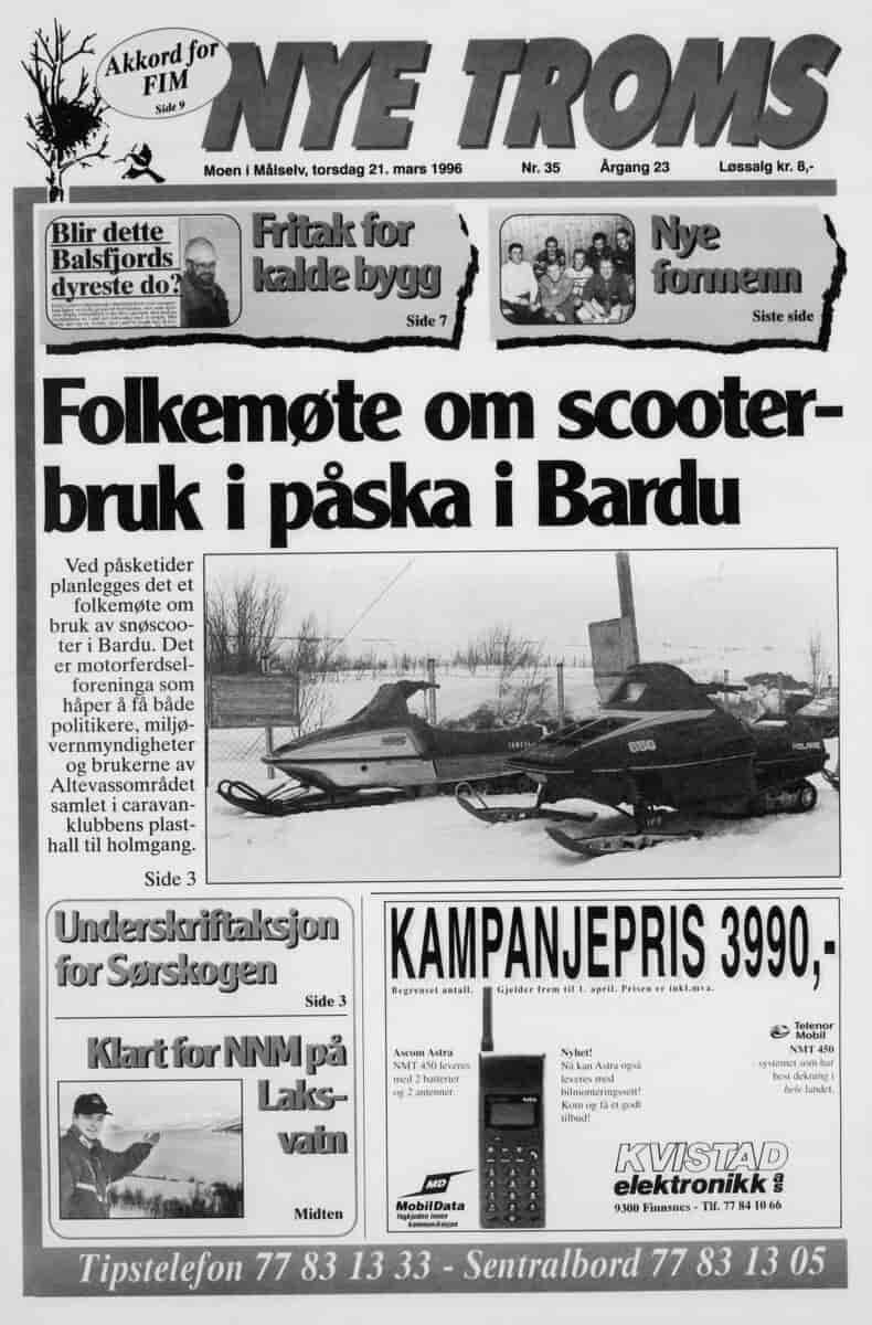 Framsida av Nye Troms 21. mars 1996.