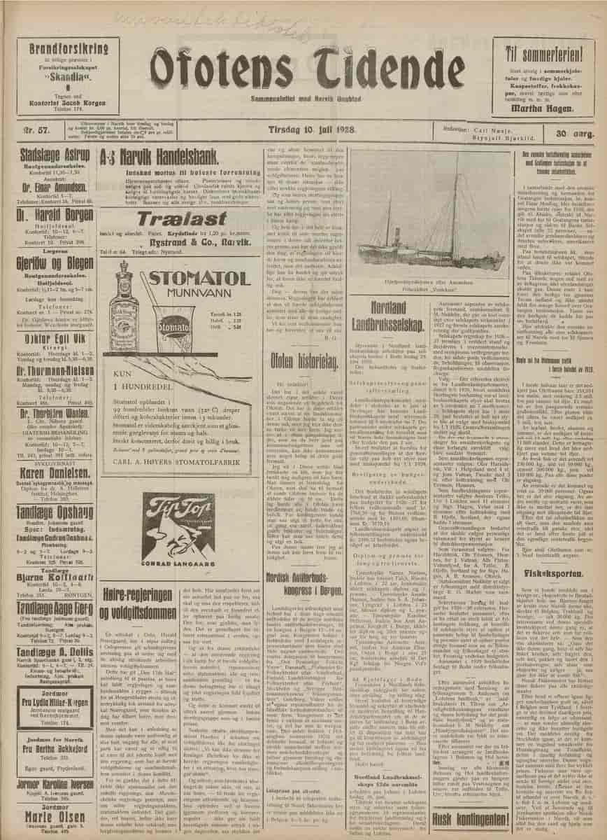 Framsida av Ofotens Tidende 10. juli 1928.