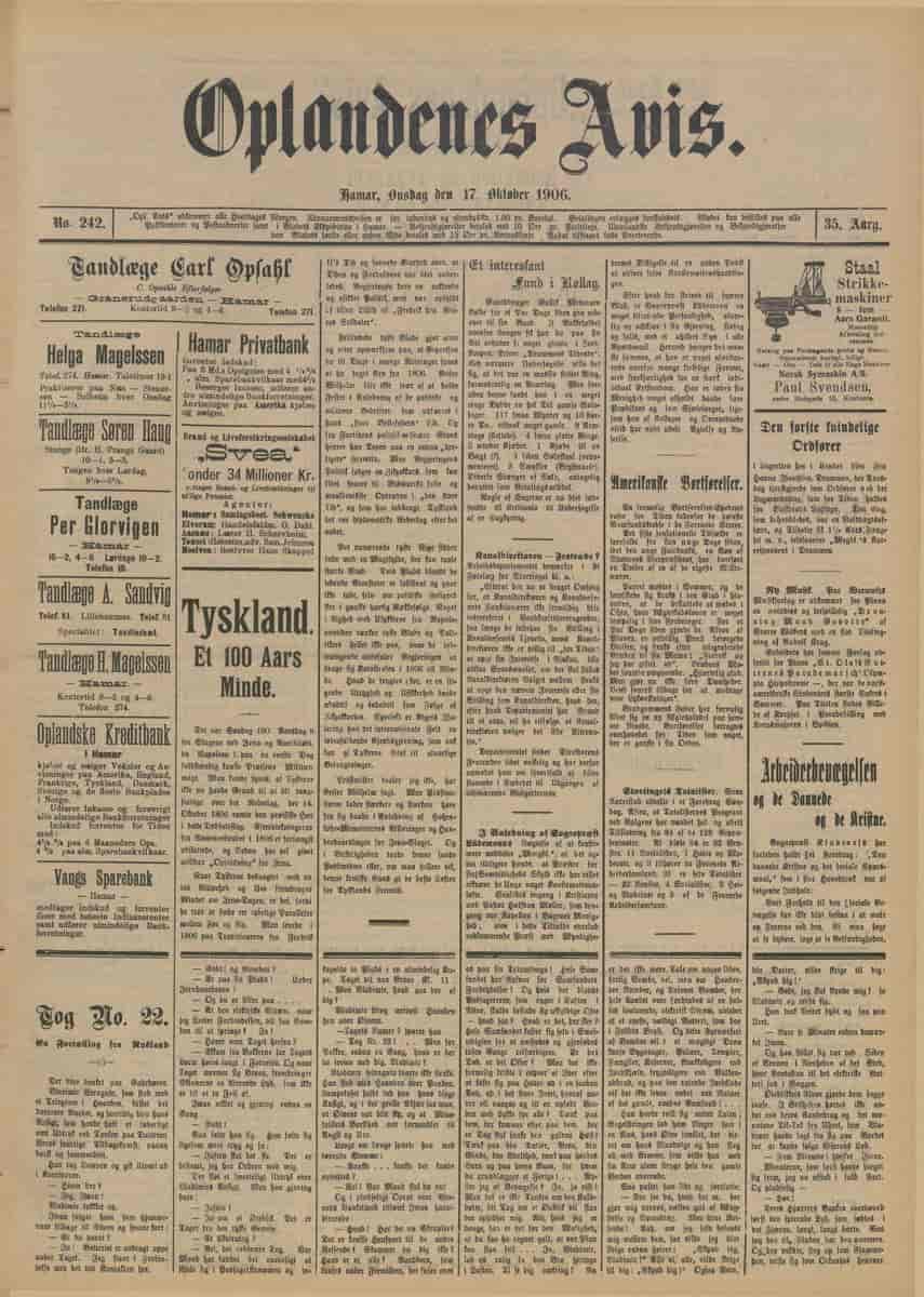 Framsida av Oplandenes Avis 17. oktober 1906.