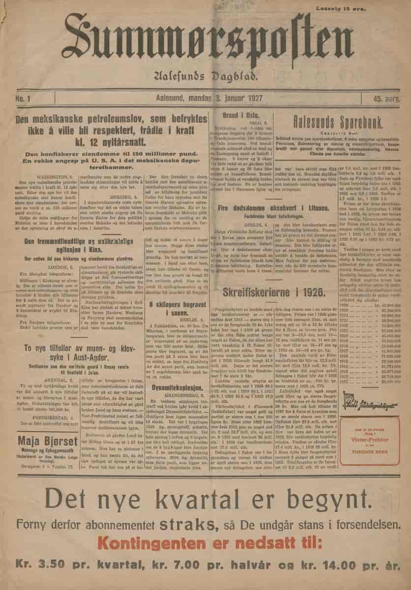 Framsida av Sunnmørsposten 3. januar 1927.