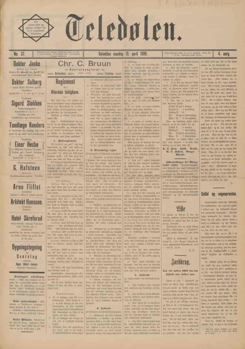 Framsida av Teledølen 13. april 1908.
