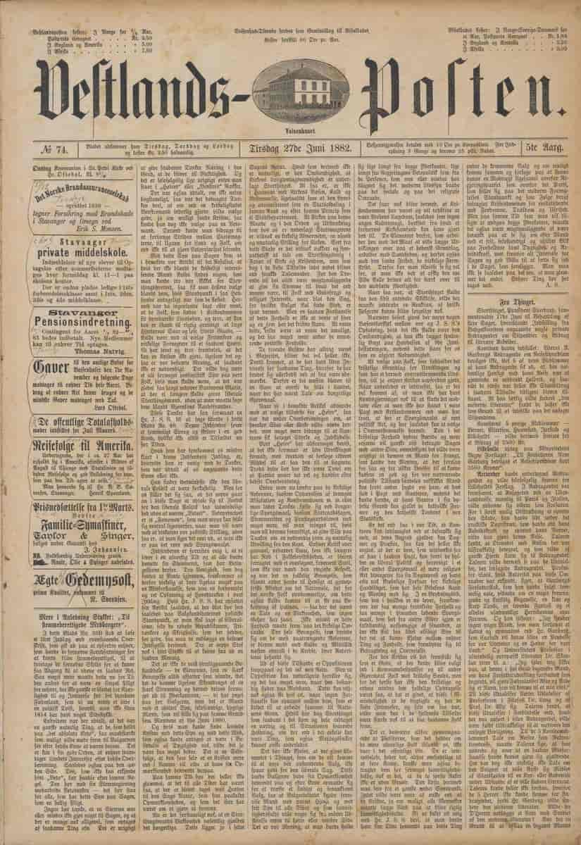 Framsida av Vestlands-Posten 27. juni 1882.