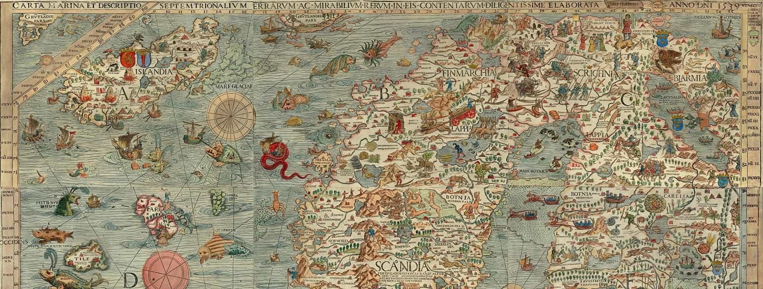 Carta Marina, Olaus Magnus' kart frå 1539 over Norden, inkludert Sápmi. På kartet er samar og samiske næringar som reindrift teikna inn, men også meir sagnaktige tema som «finnkongar»