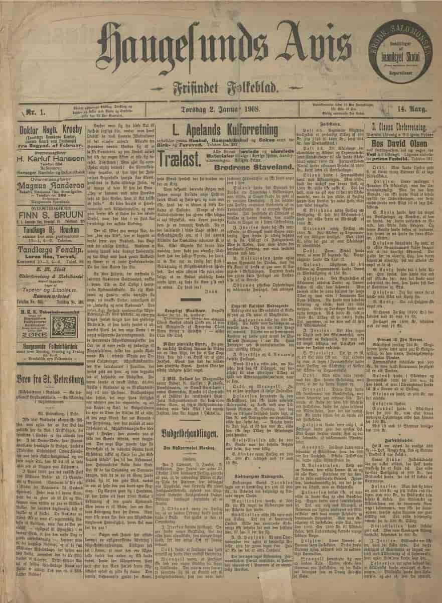 Framsida av Haugesunds Avis 2. januar 1908.