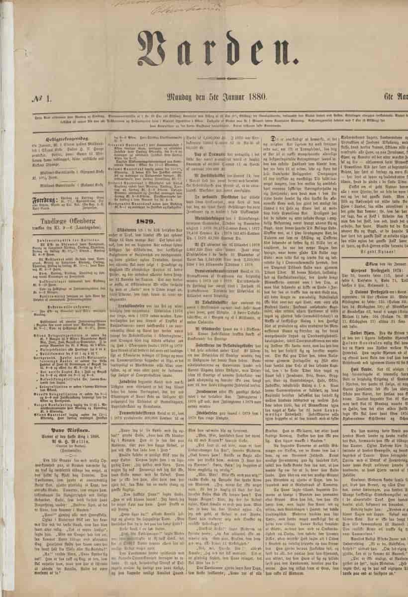 Framsida av Varden 5. januar 1880.