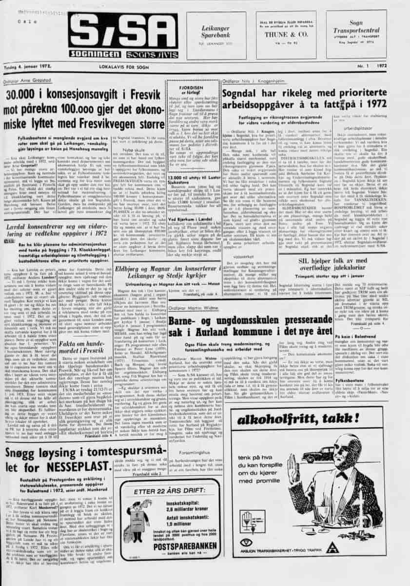 Framsida av Sogningen/Sogns Avis 4. januar 1972.