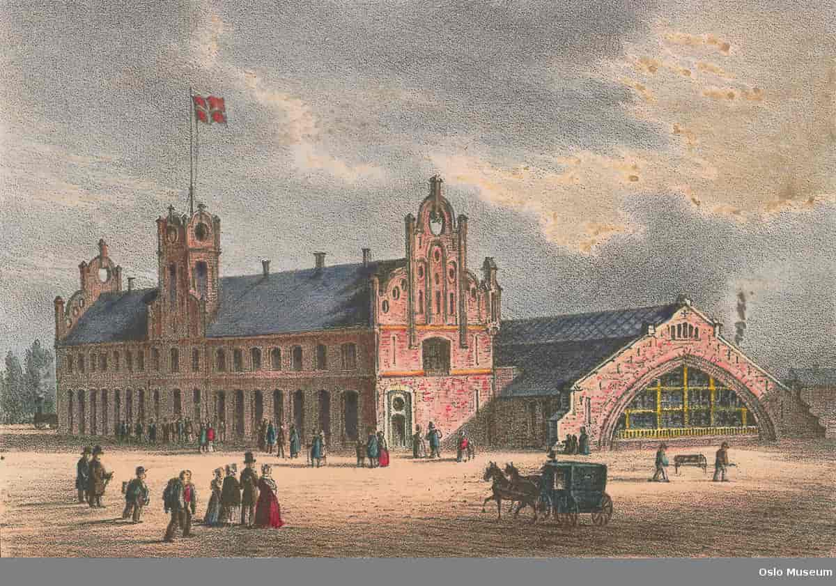 Schirmer og von Hanno's Hovedbanestasjon fra 1854 sett fra Jernbanetorget