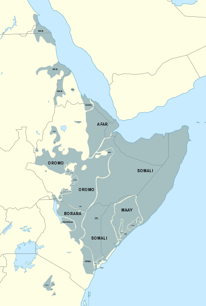 Kart som viser den geografiske utbreiinga til dei kusjittiske språka