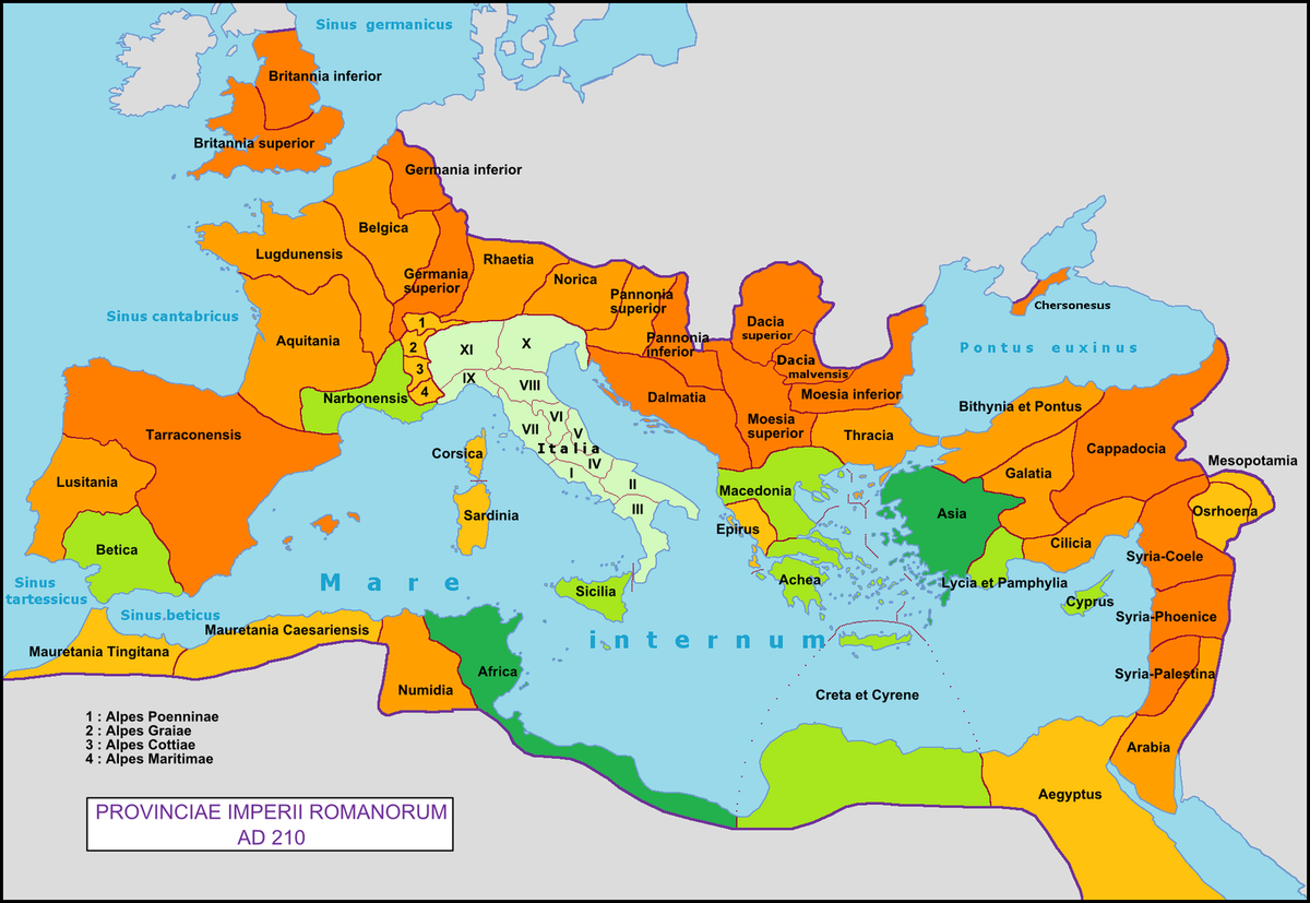 Kart over Romerrikets provinser, cirka 210 evt.