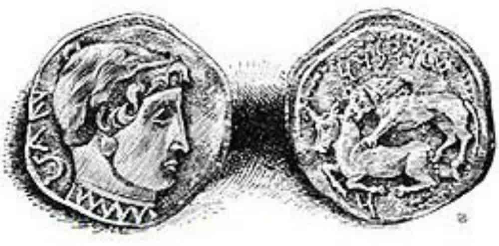 Mynt med bilde av Aleksander den store. Arameisk inskripsjon.