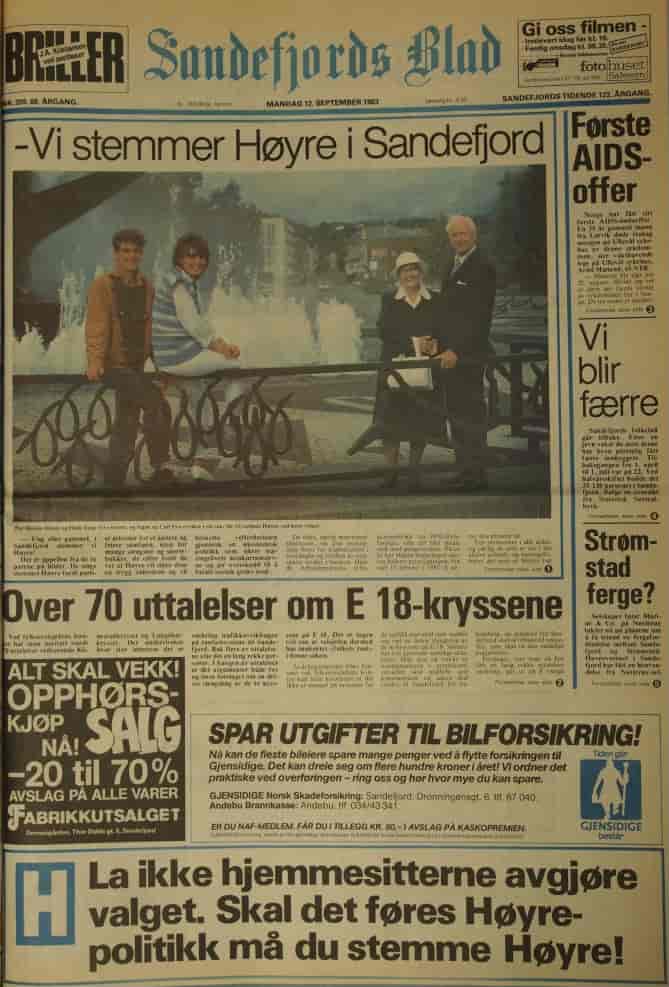 Sandefjords Blad, forsiden 12 september 1983