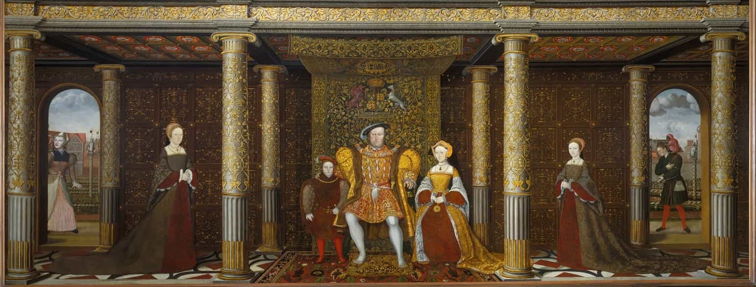 Henrik 8.s familie – Henrik med sønnen Edvard og kona Jane Seymour i midten, døtrene Mary (til venstre) og Elizabeth (til høyre) ved siden av