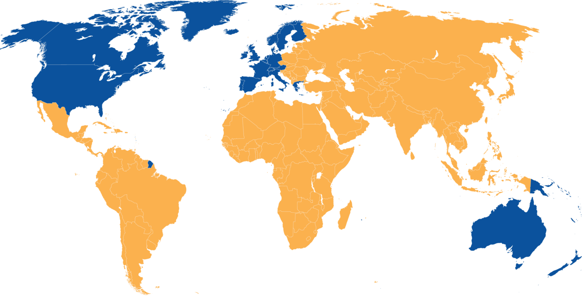 SSBs inndeling av verden i vestlig (blå) og ikke-vestlig (gul) som ble brukt fram til 2008